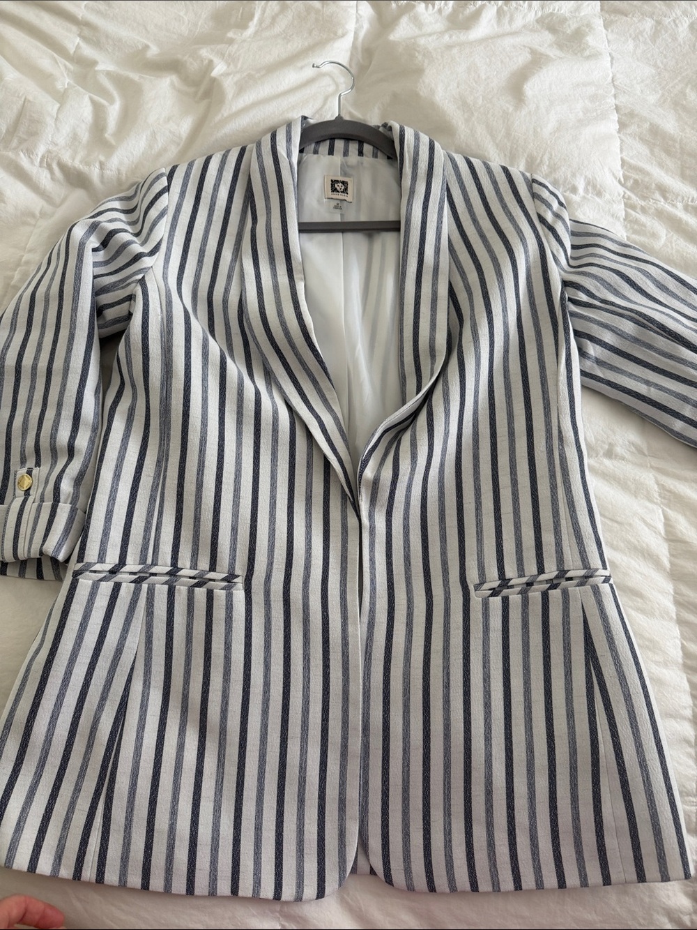 Anne Klein Navy and White Striped Open-Front Blazer